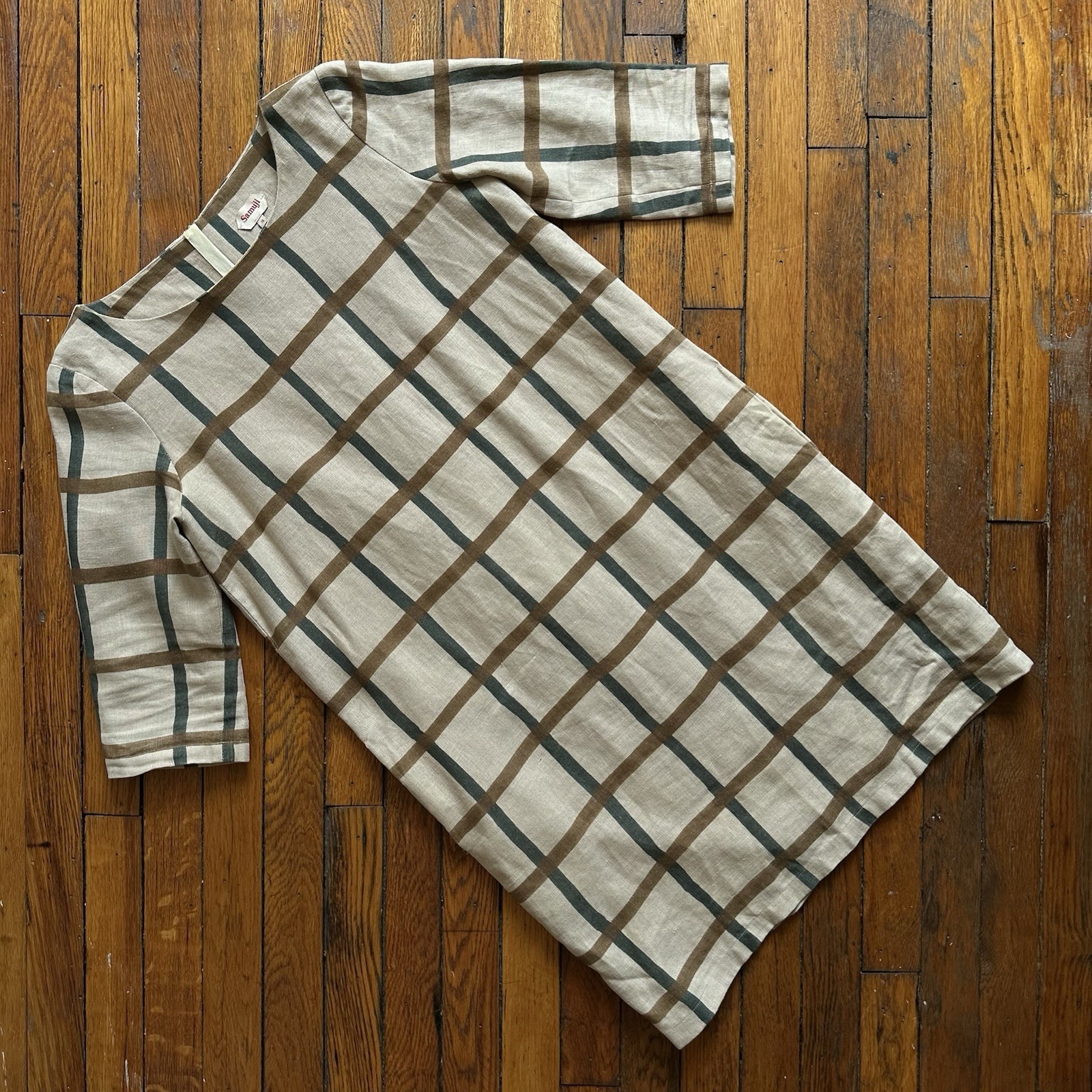 Samuji Chouka Windowpane Plaid Dress Linen Size Eu 36 Beige Canvas Boho Lagenloo